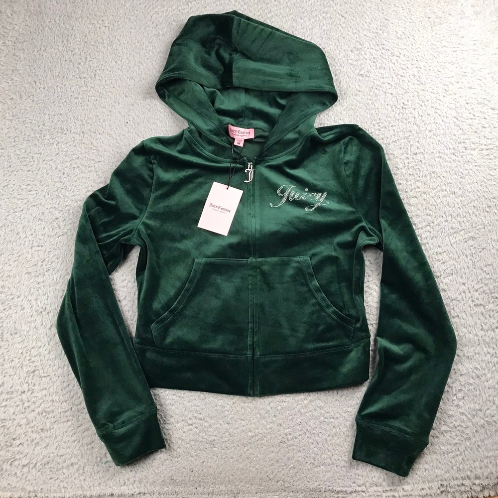 Juicy Couture Hoodie Women M Pine Green Velour Rhinestone Logo Zip Up Jacket NEW